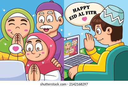 Ramadan Family Gathering Through Video Call. Technology Vector Icon Illustration, Isolated On Premium Vector