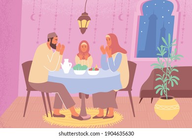 Ramadan family iftar flat composition with home scenery father with mother and daughter praying at table vector illustration