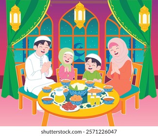 Ramadan family iftar scene with food, drinks, Islamic decor, large window, and mosque in the background.