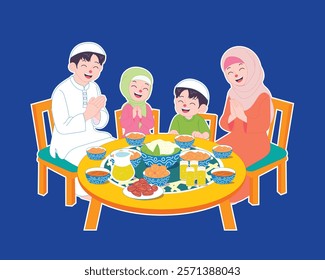 Ramadan family iftar scene with food and drinks on the table, celebrating togetherness and blessings.