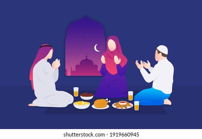 Ramadan. Family Praying. Iftar Party. Muslim Woman And Men. Vector