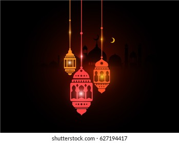 Ramadan Fanous Lanterns with Colorful Glowing Lights in the Dark for Ramadan Background. Vector Illustration eps.10