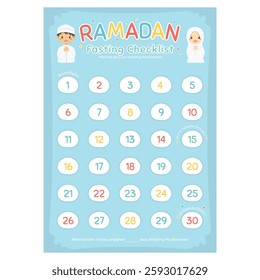 Ramadan fasting checklist and tracker poster template design, vector illustration for children. A3 size Ramadan checklist poster  