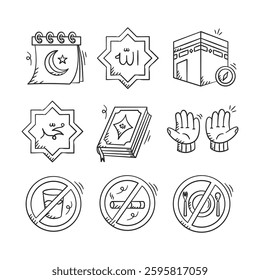 Ramadan fasting hand drawn illustration pack. Set of Islamic doodle vector design elements. Line art muslim cartoon icon collection.