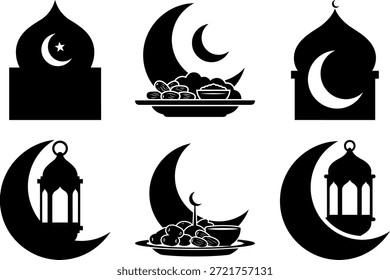 Ramadã Jejum e Iftar Icon Set - Lua Crescente Islâmica com Datas e Lanterna Silhueta Vetor