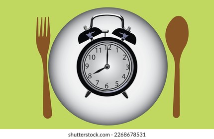 Ramadan fasting illustration vector with a pair of spoon and fork next to an empty plate with an alarm clock. Waiting for the time to break the fast in the month of Ramadan