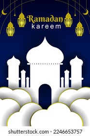 Ramadan fasting month greeting card design, Islamic poster design with lanterns, clouds and mosques