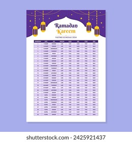 Ramadan Fasting Times Poster or Calendar Template. Happy Eid Mubarak Celebration