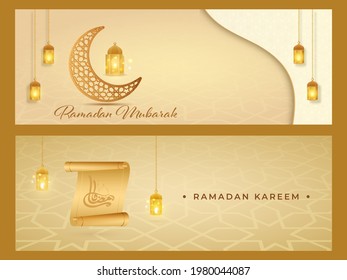 Ramadan Festival Header Or Banner Design With Ornament Crescent Moon, Lit Lanterns On Golden Background.
