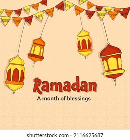 Ramadan Festival Poster Design With Arabic Lanterns Hang And Bunting Flags On Pastel Orange Islamic Pattern Background.