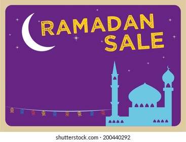 Ramadan Festival Sale concept with Fannous Lanterns in a Mosque and a Large Crescent Moon. Editable Clip Art.