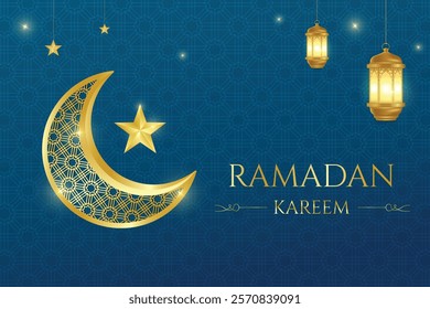 Ramadan Festive Sale Banner With Crescent Moon, Lantern And Stars On Blue Background. Vector Illustration For E-commerce, Web, Shopping Sale Etc.