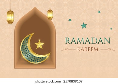 Ramadan Festive Sale Banner With Crescent Moon, Lantern And Stars On Beige Background. Vector Illustration For E-commerce, Web, Shopping Sale Etc.