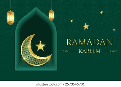 Ramadan Festive Sale Banner With Crescent Moon, Lantern And Stars On Green Background. Vector Illustration For E-commerce, Web, Shopping Sale Etc.