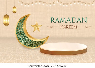 Ramadan Festive Sale Banner With Crescent Moon, Lantern, Podium And Hanging Lights On Beige Background. Vector Illustration For E-commerce, Web, Shopping Sale Etc.