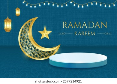 Ramadan Festive Sale Banner With Crescent Moon, Lantern, Podium And Hanging Lights On Blue Background. Vector Illustration For E-commerce, Web, Shopping Sale Etc.