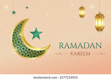 Ramadan Festive Sale Banner With Crescent Moon, Lantern And Stars On Blue Background. Vector Illustration For E-commerce, Web, Shopping Sale Etc.