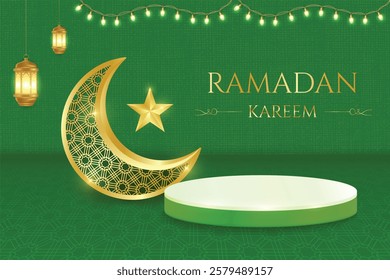 Ramadan Festive Sale Banner With Crescent Moon, Lantern, Podium And Hanging Lights On Green Background. Vector Illustration For E-commerce, Web, Shopping Sale Etc.