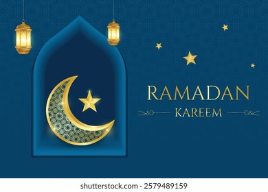 Ramadan Festive Sale Banner With Crescent Moon, Lantern And Stars On Blue Background. Vector Illustration For E-commerce, Web, Shopping Sale Etc.