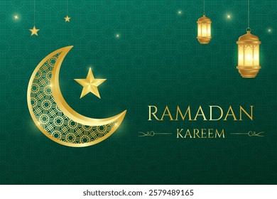 Ramadan Festive Sale Banner With Crescent Moon, Lantern And Stars On Green Background. Vector Illustration For E-commerce, Web, Shopping Sale Etc.