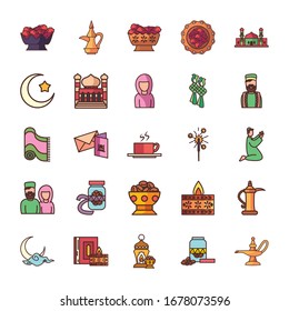 Diseño de conjunto de iconos con estilo de relleno de Ramadán, religión musulmana islámica, religión, fe religiosa, meditación espiritual y tema tradicional Ilustración vectorial
