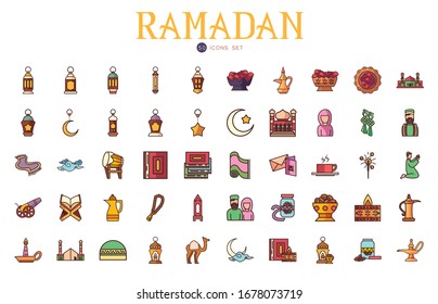 Ramadan fill style icon set design, Islamic muslim religion culture belief religious faith god spiritual meditation and traditional theme Vector illustration