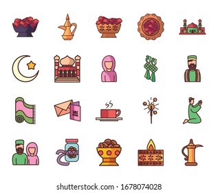 Ramadan fill style icon set design, Islamic muslim religion culture belief religious faith god spiritual meditation and traditional theme Vector illustration