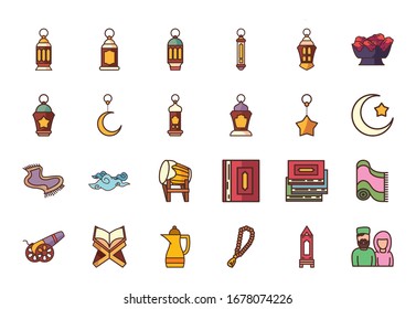 Ramadan fill style icon set design, Islamic muslim religion culture belief religious faith god spiritual meditation and traditional theme Vector illustration