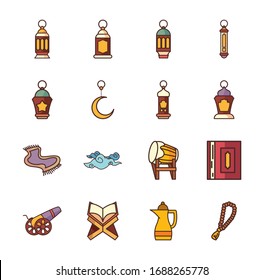 Ramadan fill style icon set design, Islamic muslim religion culture belief religious faith god spiritual meditation and traditional theme Vector illustration