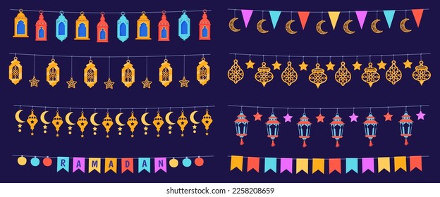 Ramadan flags decorations. Hanging garland decoration for ramadhan kareem celebration, ribbon moroccan lanterns lights flag, eid mubarak islam party flat neat vector illustration