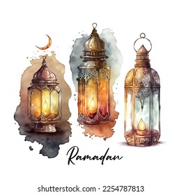 Ramadan flashlight Kareem. Mosque night. Arabic lanterns. Bright watercolor stains background. Vector illustration.