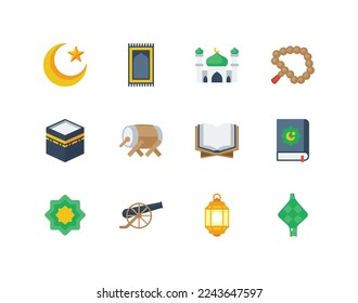 Ramadan flat color icon set with Islam and Muslim related icons