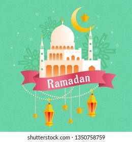Ramadan flat design with white mosque and hanging lanterns on turquoise background