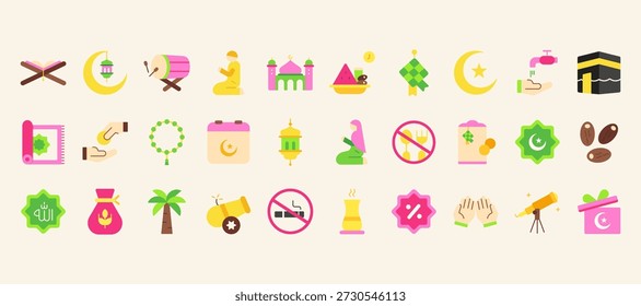 Conjunto de iconos planos de Ramadán, adoración islámica y símbolos de caridad, Ilustraciones vectoriales planas para el diseño musulmán de Festiva
