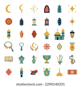 Ramadan Flat Objects. Vector Illustrations of Isolated over white Religious Islam Signs.