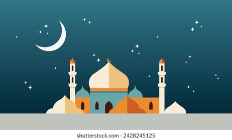 Ramadan flat vector illustration with clouds, mosque, lanterns, crescent moon and stars. Can be used for banners, posters, backgrounds, landing pages, greeting cards, covers, etc.