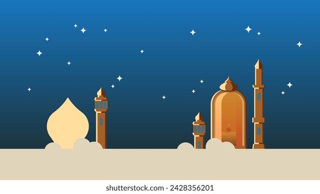 Ramadan flat vector illustration with clouds, mosque, lanterns, crescent moon and stars. Can be used for banners, posters, backgrounds, landing pages, greeting cards, covers, etc.