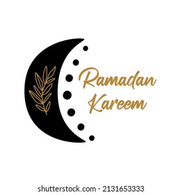 Ramadan floral moon shape graphic element. Isolated floral moon logo. Celestial crescent for Ramadan. Black moon vector illustration. Celestial moon icon, logo, graphic design Text Ramadan Kareem
