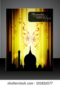 Ramadan flyer or banner design with Mosque or Masjid silhouette with wave and floral  effects in yellow color. EPS 10, vector illustration.