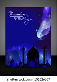 Ramadan flyer or banner design with Mosque or Masjid silhouette with wave effects in blue color. EPS 10, vector illustration.