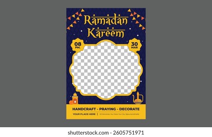 Ramadan Flyer. Elegant Ramadan Kareem design on Islamic pattern background with gold ornament star, moon, flowers and lanterns. Raya and ramadan template design for poster, flyer, banner.