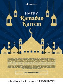 Ramadan Flyer Template with Luxury Blue Gold Mosque Silhouette