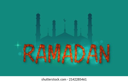 Ramadan Font Made By Dates Fruit With Lights Effect And Silhouette Mosque On Dark Turquoise Background.