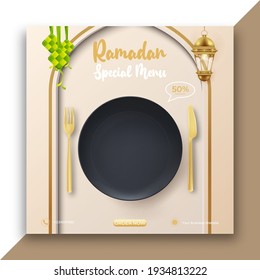 ramadan food banner ads with realistic black plate. editable ramadan social media post template.