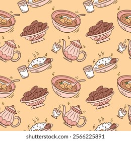 Ramadan food doodle seamless pattern. Islamic iftar hand drawn illustration background containing teapot, kettle, dates, rice, indonesian dessert food.