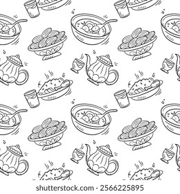 Ramadan food doodle seamless pattern. Islamic iftar hand drawn illustration background containing teapot, kettle, dates, rice, indonesian dessert food.