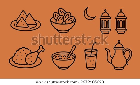 Ramadan food lantern tea and drinks line art collection