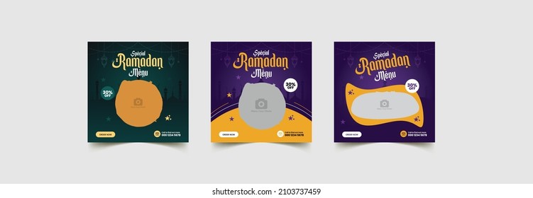 Ramadan food sale social media post and web banner template. Restaurant banner design with an editable discount for Ramadan Kareem