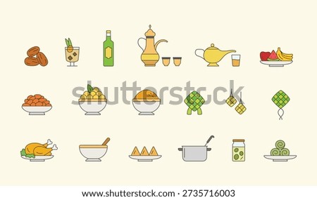 Ramadan food simple flat colors cartoon vector illustration. Iftar food festive table food for celebrating ramadan symbol logo icon collection