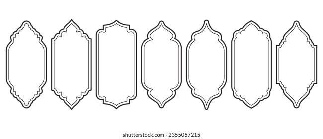 Ramadan frame shapes. Outline vector islamic arch and door. Muslim ornament label. Design elements isolated on white background. Traditional vintage symbols.